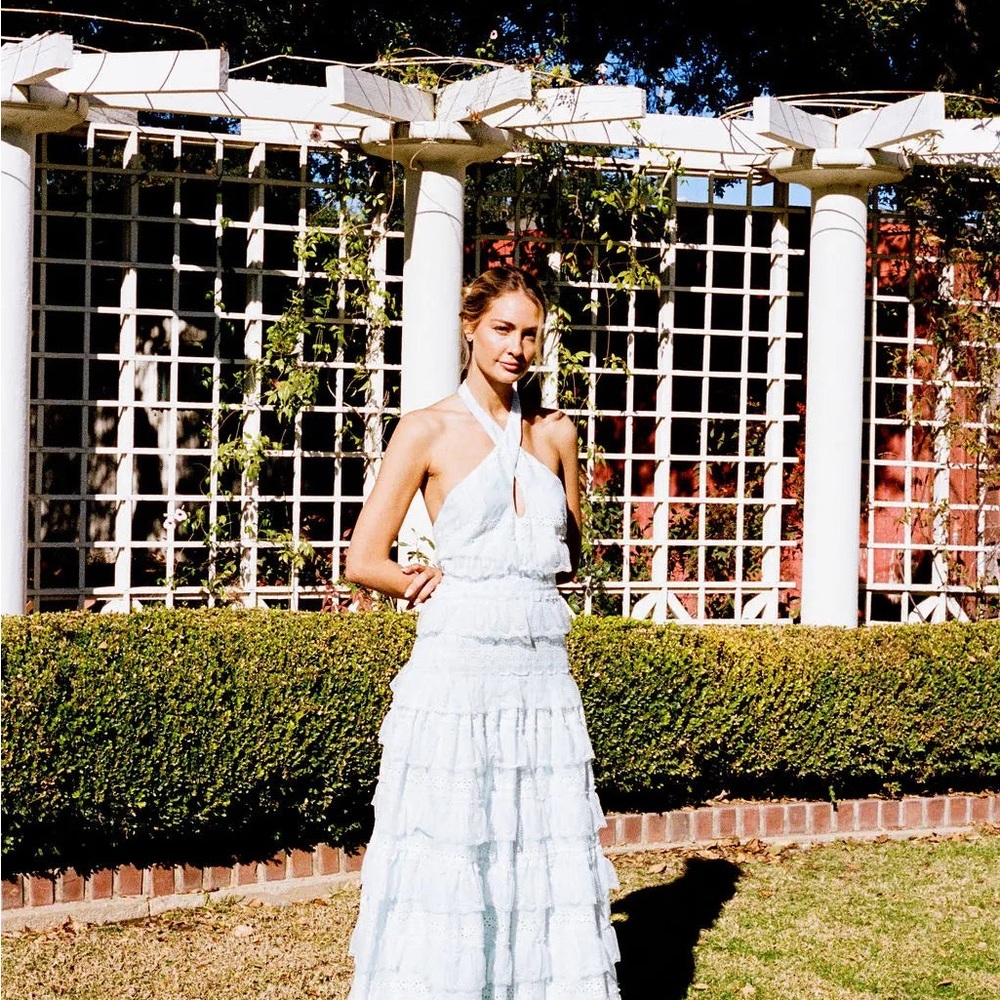 Chic White/blue Halter Maxi Dress